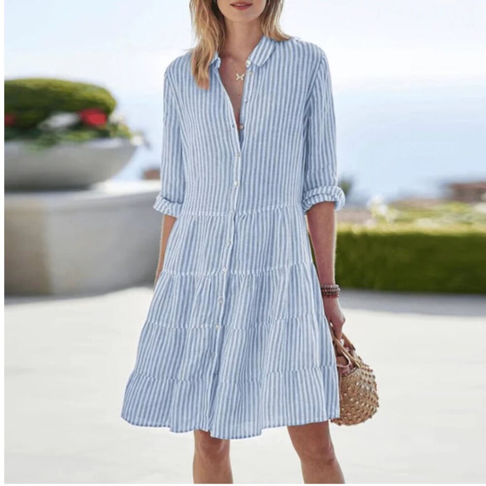 Light Blue Striped Button-Front Tiered Shirt Dress